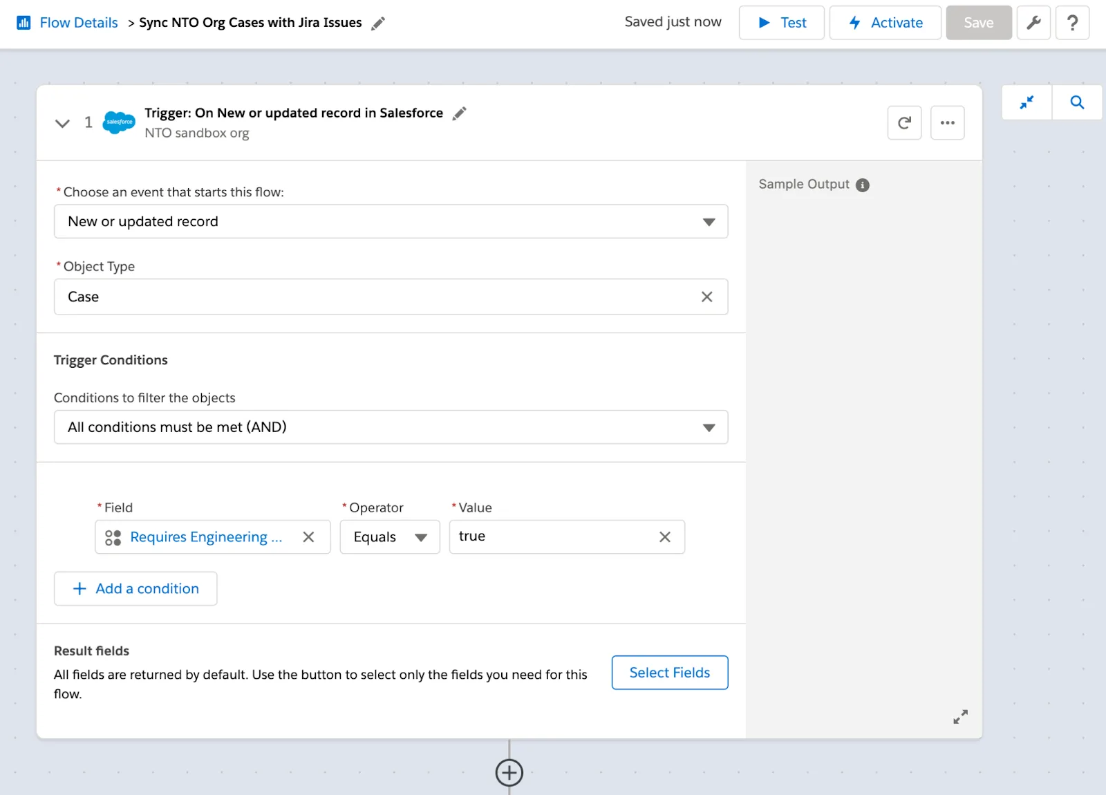 Step 1 of flow showing new or updated NTO org case with condition to determine if case requires engineering assistance as the trigger.