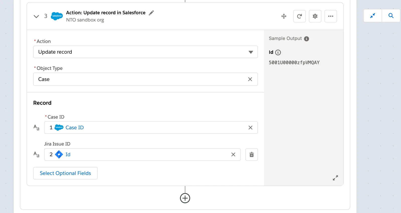 Step 3 of flow in If branch to update case with Jira issue ID.