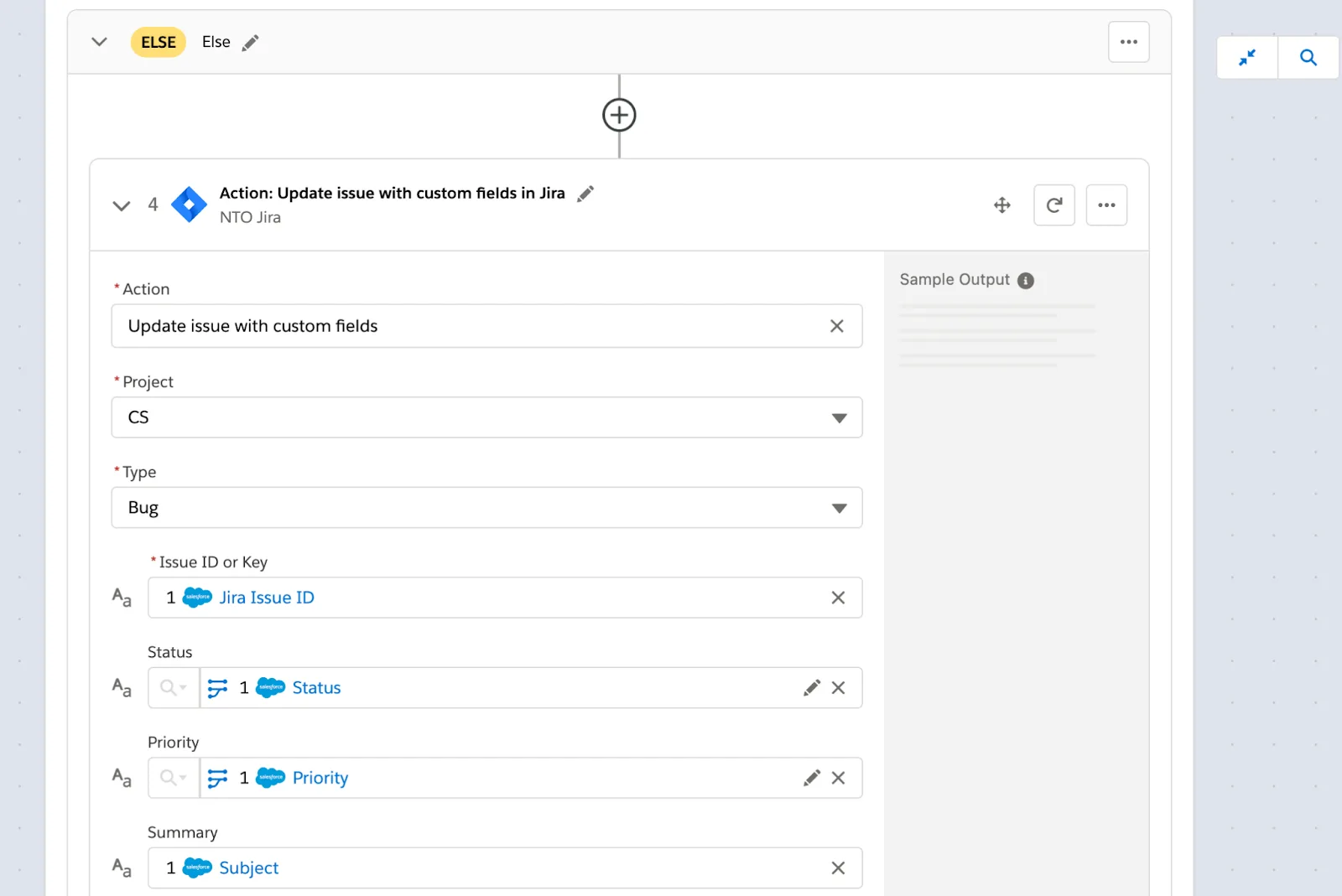 Else branch of If/Else block and step 4 of flow within Else branch to update corresponding issue with fields including status, priority, and summary in Jira.