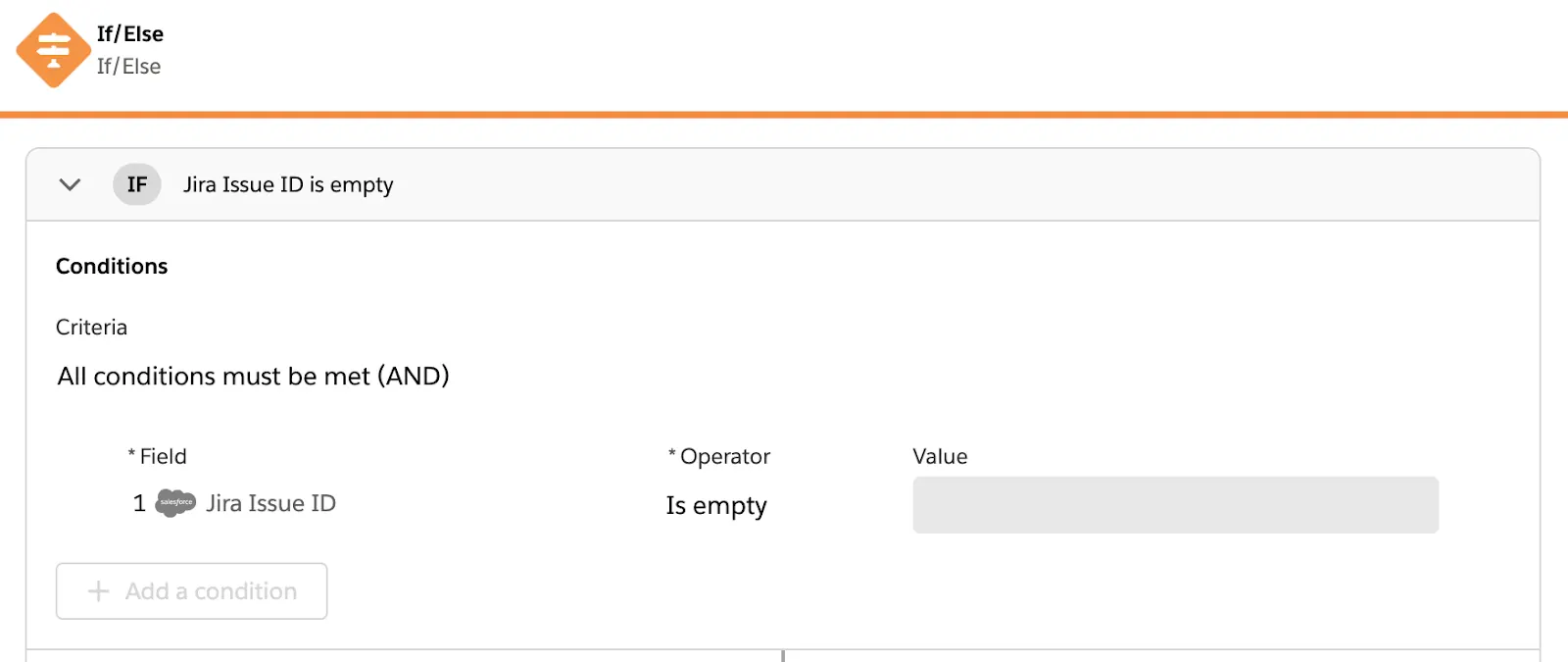 Tested flow with If branch of If/Else block showing condition to determine if Jira issue ID is empty.