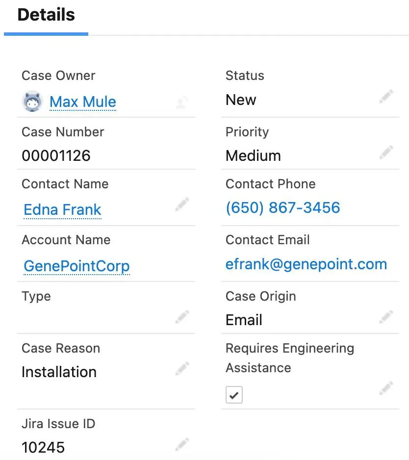 Case details with Jira issue ID.