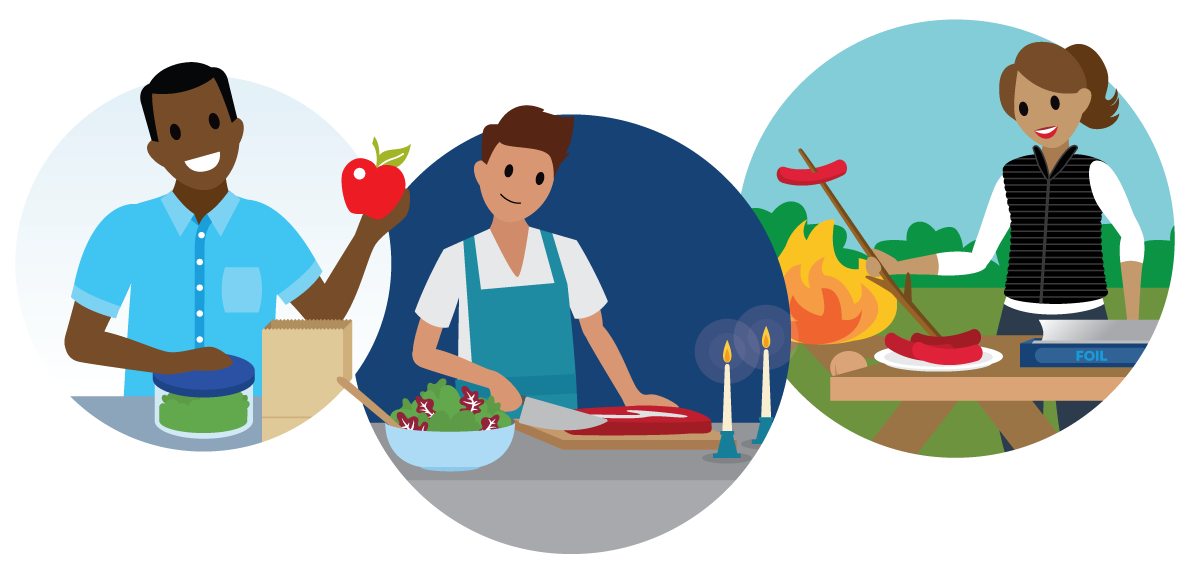 Image of three different people preparing three different meals under different circumstances.
