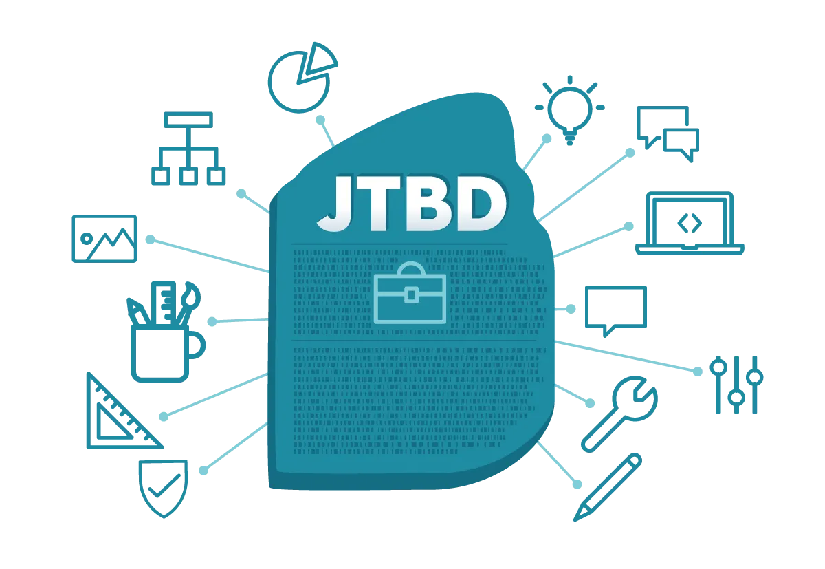 Image showing the Jobs to Be Done tool kit with icons representing various tools coming out of it.