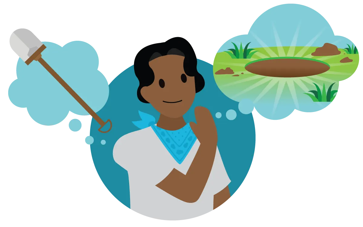 Image of a woman thinking of two things, as shown in thought bubbles. On the left, she's thinking of a shovel. On the right, she's thinking of a hole in the ground. The hole is glowing. The woman is looking at the bubble with the hole, and she is smiling.