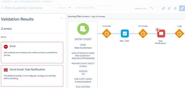 Journey Builder validation tool results screen showing: two errors in the results drawer, and one error highlighted on the journey canvas