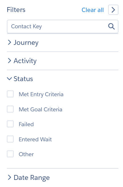 Use filters to refine your journey history view based on journey name, activity type, status, or date range.