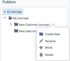 The folders panel in the Journey Builder administration screen includes journey folders you create and the default My Journeys folder. Create, rename, move, or delete journey folders here.