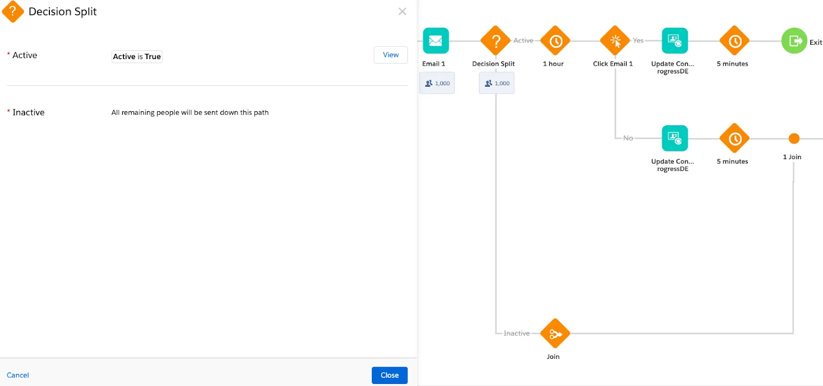 A decision split and join in Journey Builder