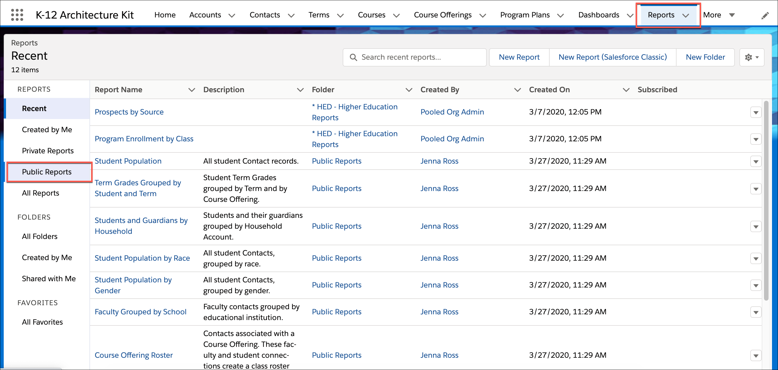 Listview of Recent reports filtered by Public Records.