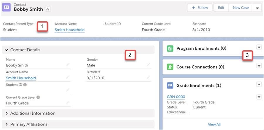 Contact record for student Bobby Smith with (1) Contact Record type, (2) Contact Details, and (3) Program Enrollments, Course Connections, and Grade Enrollments highlighted.