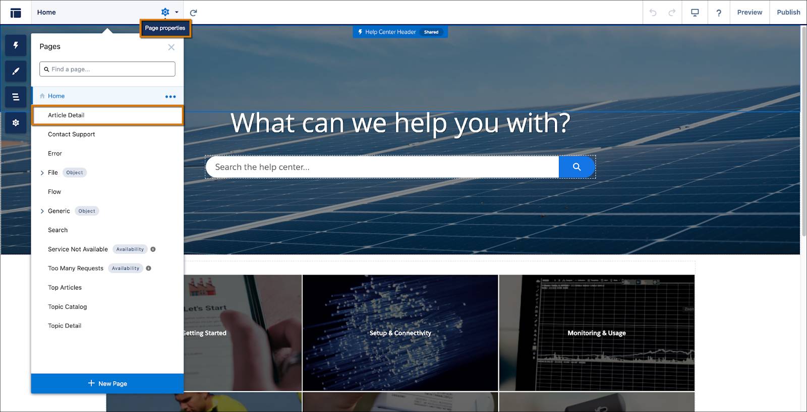 The experience site page with Page Properties and Article Detail options highlighted.