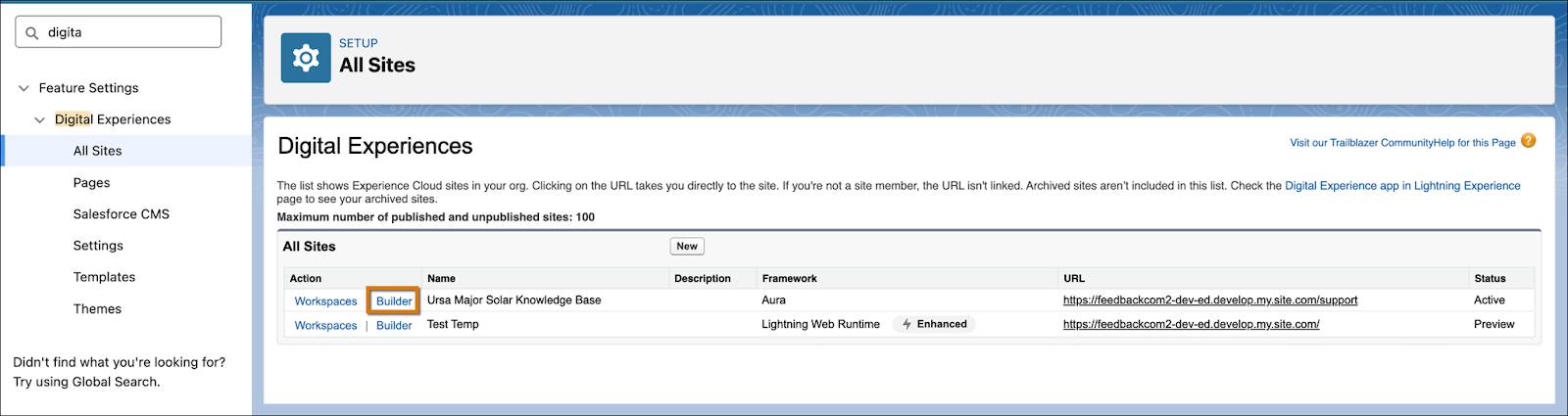 The All Sites page in Setup highlighting the Builder button for one of the experience sites.