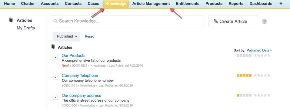 Registerkarten 'Knowledge' und 'Artikelverwaltung' in der Callcenter-Registerkartenleiste