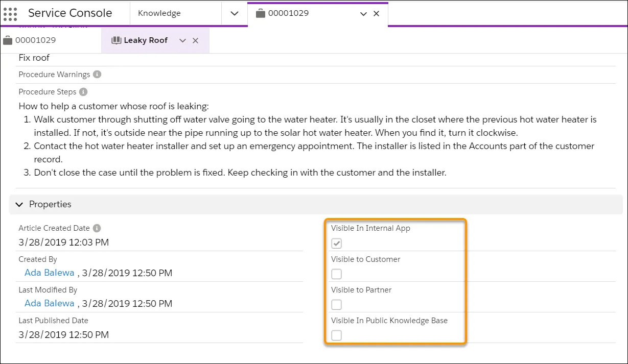 Article created by Ada Balewa showing Visible in Internal App as selected. Visible to Customer, Visible to Partner, and Visible in Public Knowledge Base aren't selected.