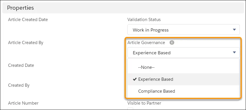 The article creation form showing the Article Governance picklist with Experience Based and Compliance Based options.