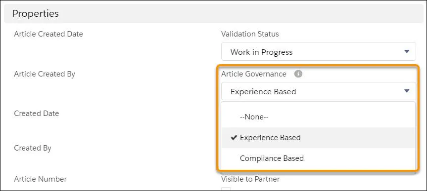 記事作成フォーム。[Article Governance (記事ガバナンス)] 選択リストに [Experience Based (エクスペリエンスベース)] と [Compliance Based (コンプライアンスベース)] の選択肢が表示されています。