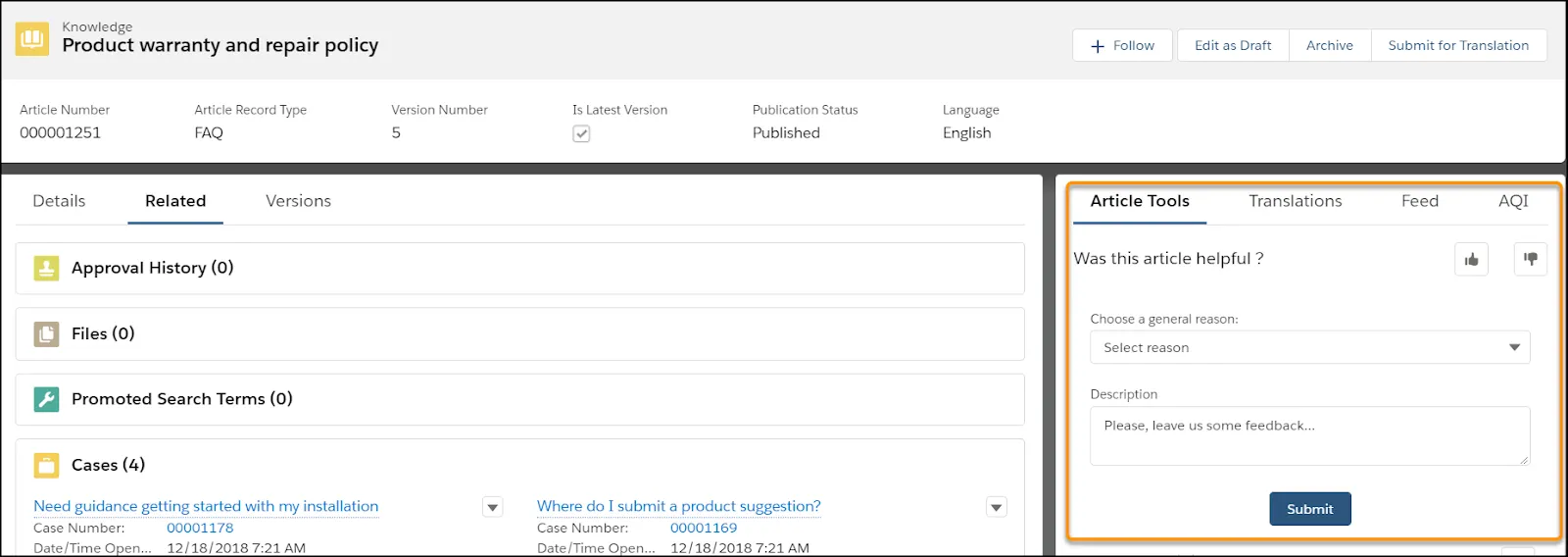Article showing the article feedback tab on the right side.