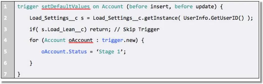 Code snippet that shows the code for a trigger named setDefaultValues on the Account object. The statement in the code that is highlighted shows the account status updated to a value of stage 1