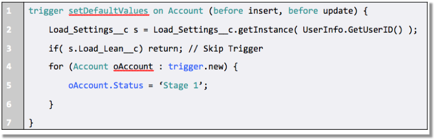 Code snippet that shows the code for a trigger named setDefaultValues on the Account object. The statement in the code that is highlighted shows the account status updated to a value of stage 1