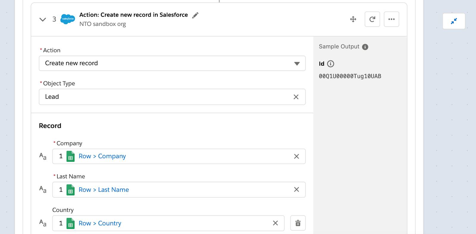 Step 3 of flow within If branch to create a lead in the NTO org with company, last name, and country in the Marketing Leads spreadsheet.