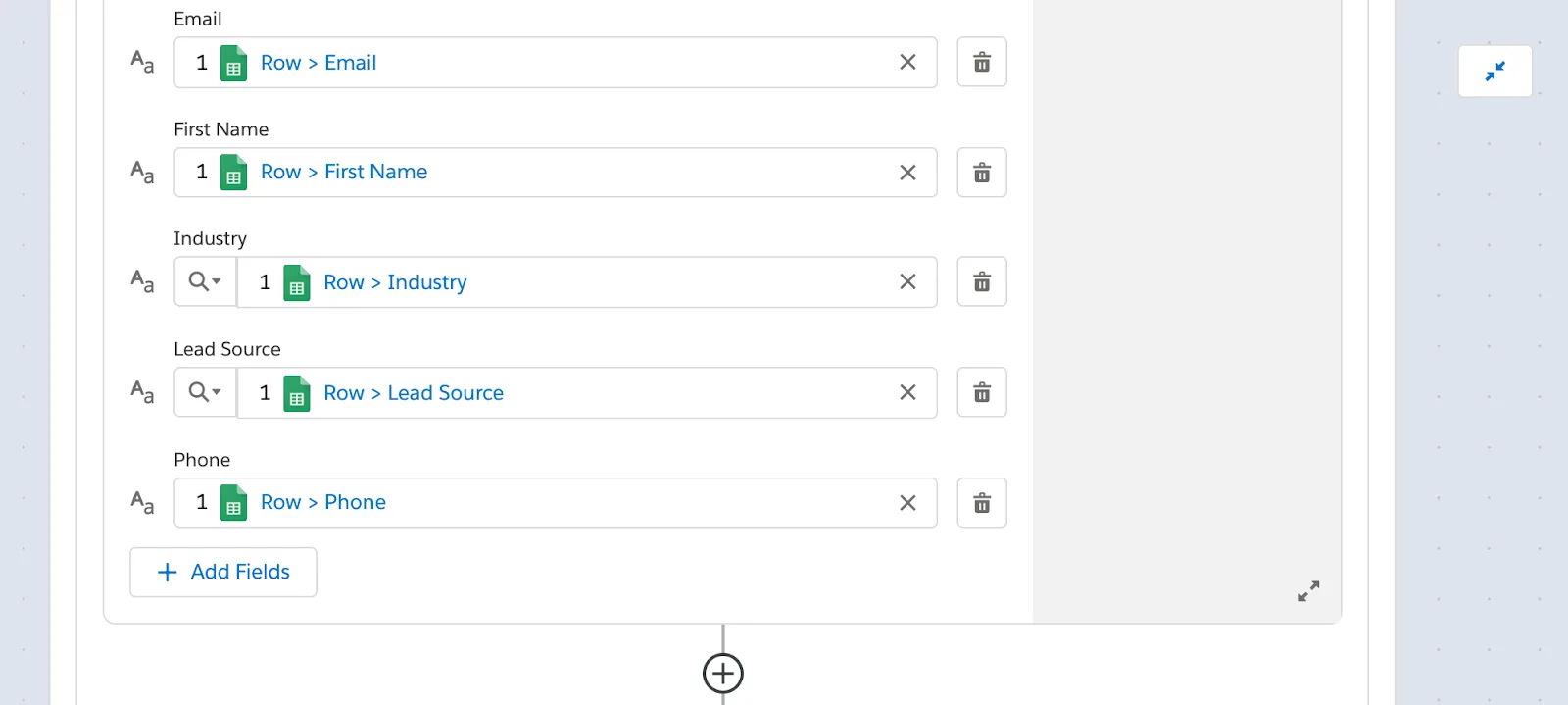 Rest of step 3 of flow within If branch to create a lead in the NTO org with email, first name, industry, lead source, and phone in the Marketing Leads spreadsheet.