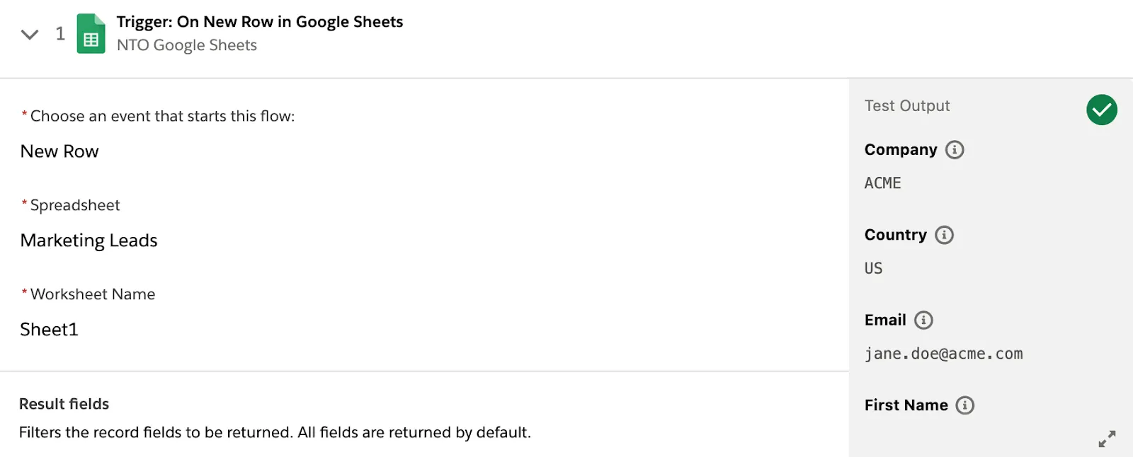 Tested flow showing a green check mark on step 1.