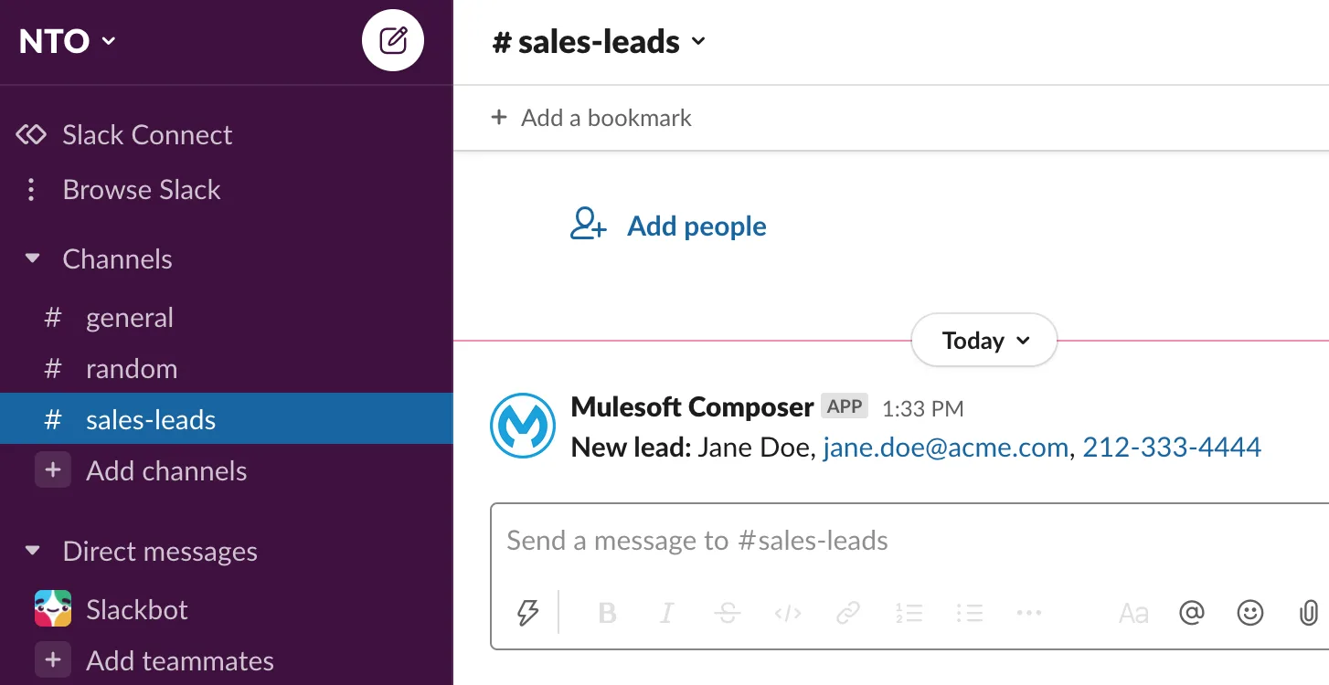 Slack sales-leads channel showing a message with lead data from Google Sheets.