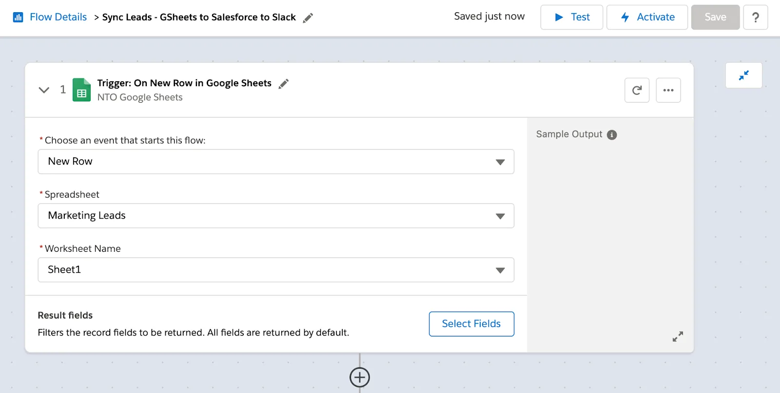 Step 1 of flow showing a new row in the Marketing Leads spreadsheet in Google Sheets as the trigger.