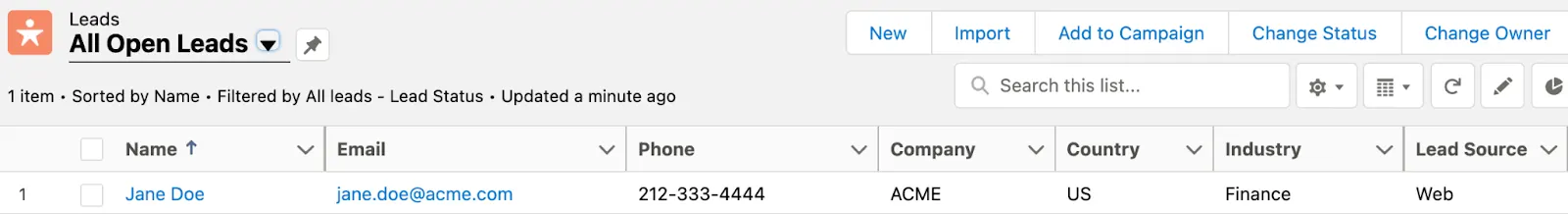 NTO org’s Sales Cloud leads showing the lead from Google Sheets.