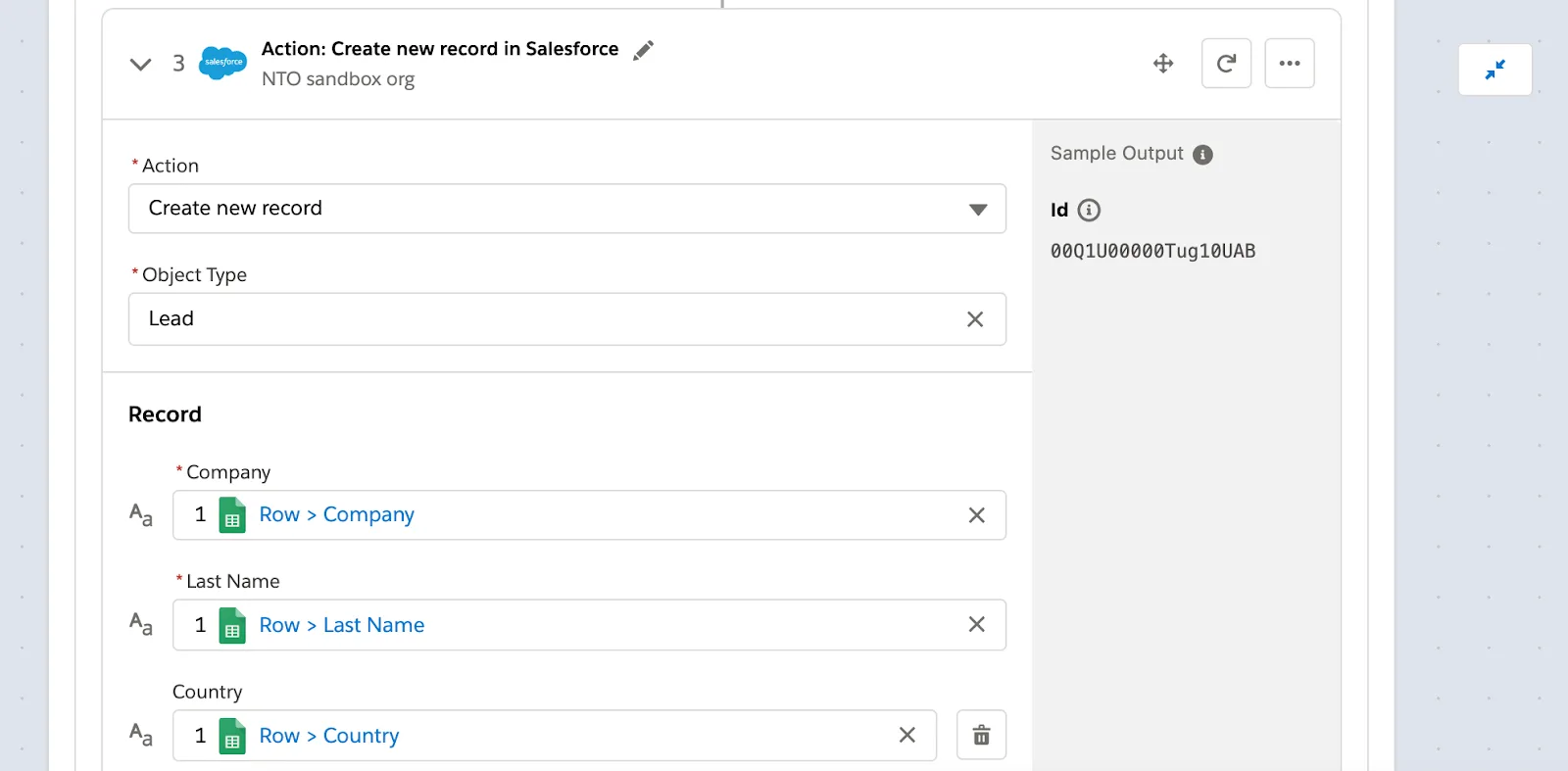 Step 3 of flow within If branch to create a lead in the NTO org with company, last name, and country in the Marketing Leads spreadsheet.