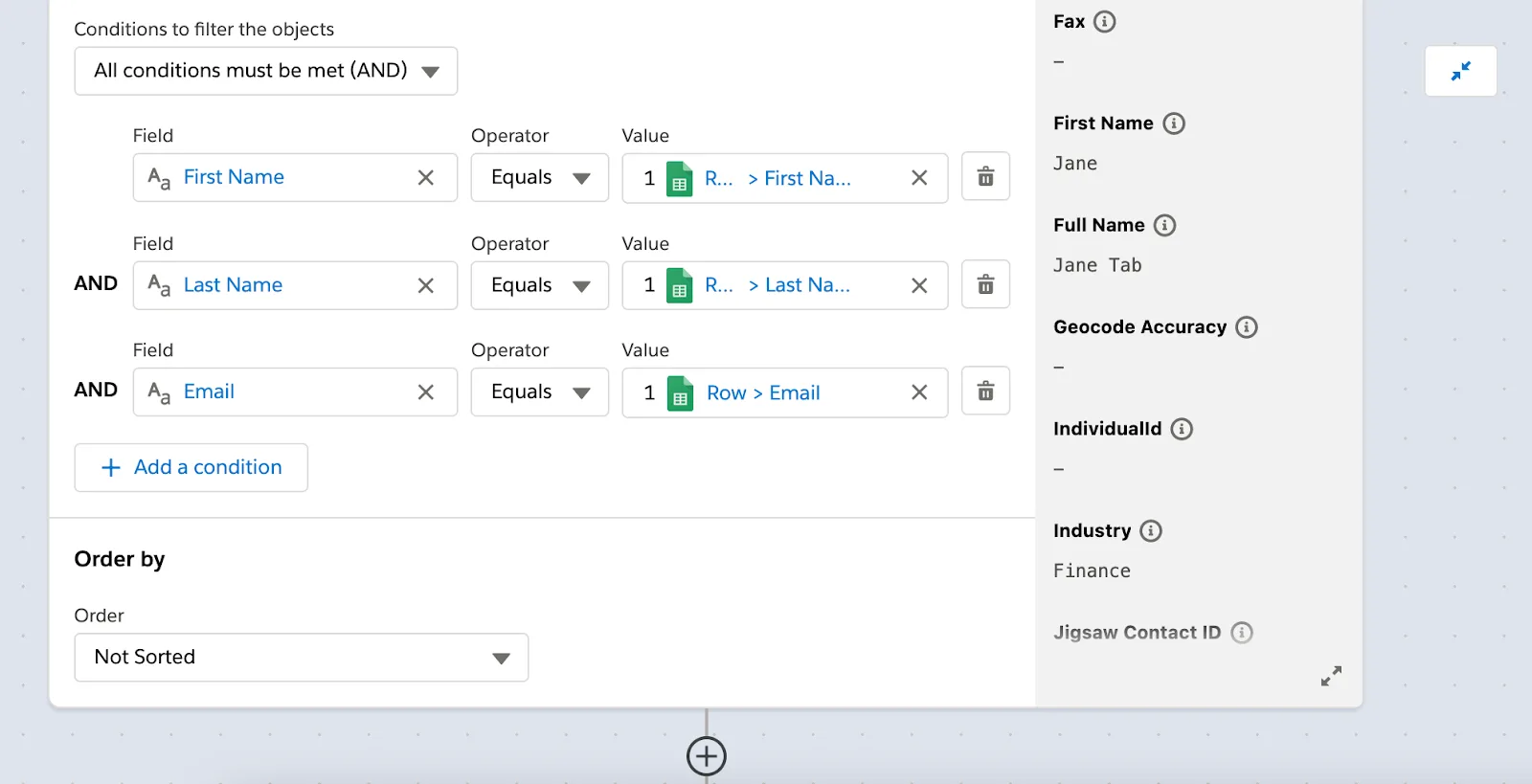 Step 2 of flow showing condition that all leads in NTO org must match the first name, last name, and email from the Marketing Leads row.