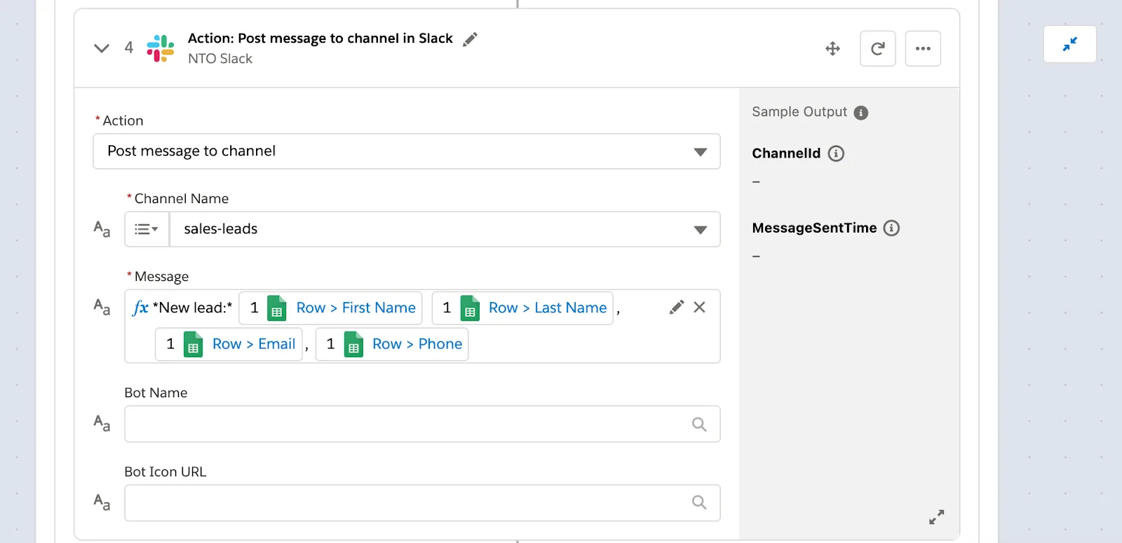 Step 4 of flow within If branch posting message to sales-leads channel in Slack.