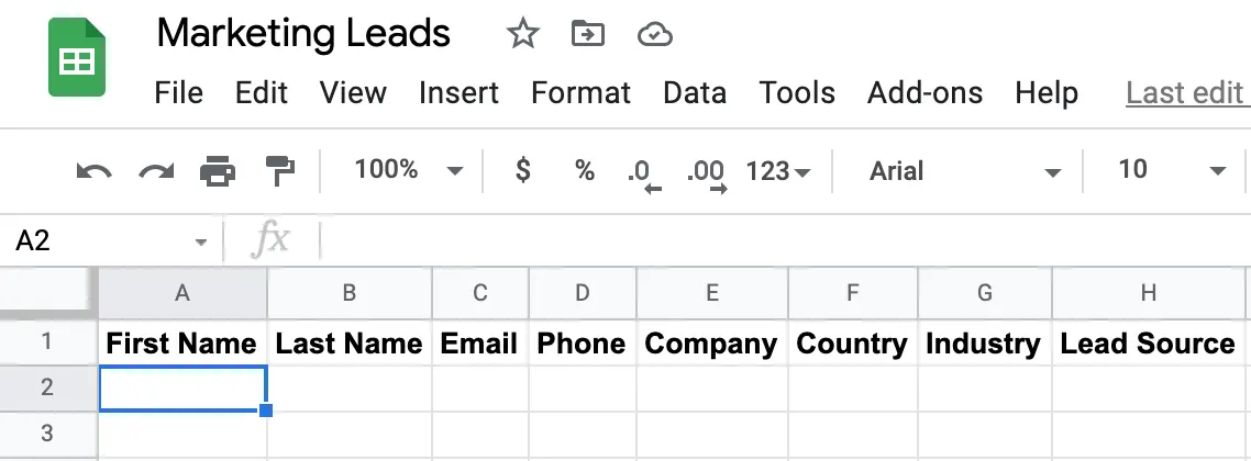 Marketing Leads spreadsheet with column headers named First Name, Last Name, Email, Phone, Company, Country, Industry, and Lead Source.