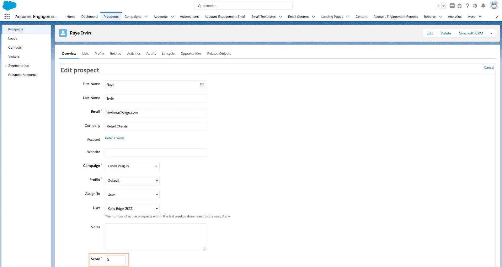 Edit prospect record overview screen with the score option highlighted.