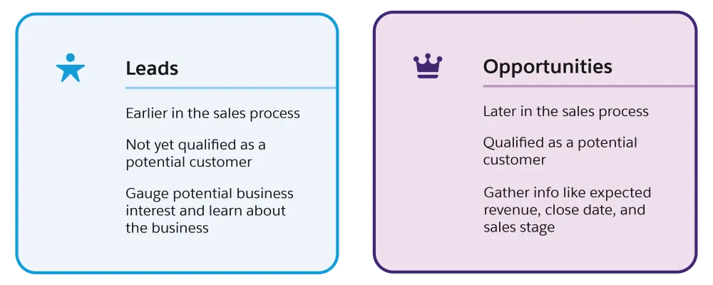 A visual representation of the differences between leads and opportunities. It paraphrases the content of this section.