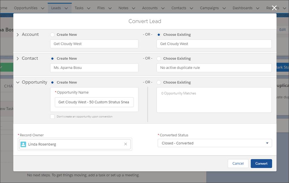 The Convert Lead form filled out with Aparna Bosu’s information.