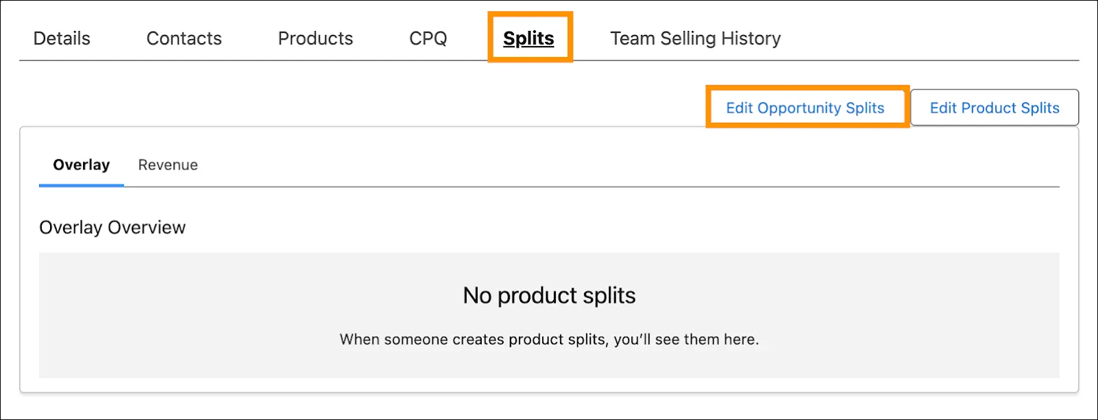 The system step of editing opportunity splits from the Splits section of an opportunity record.