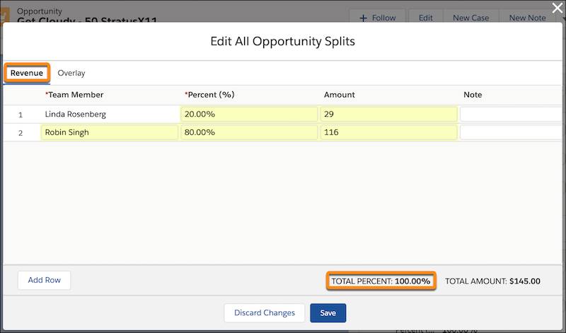 Edit All Opportunity Splits window with the Revenue tab selected. Linda Rosenberg has a split of 20% and Robin Singh has a split of 80%. The percentages total 100.