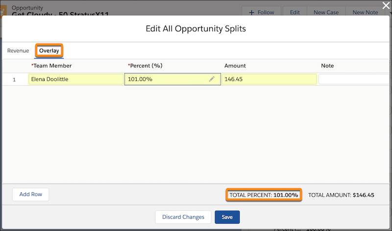 Das Fenster 'Alle Opportunity-Aufteilungen bearbeiten' mit ausgewählter Registerkarte 'Overlay' Für Elena Doolittle gilt eine Aufteilung von 101 %. Die Summe ist 101 %.