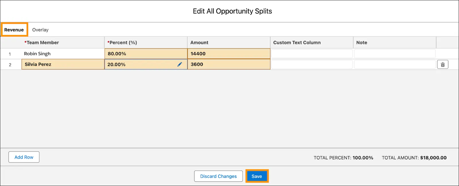 The Revenue tab of the edit screen.