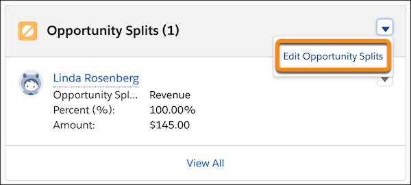 Liste associée Opportunity Splits (Parts d’opportunité) avec l’action Edit Opportunity Splits (Modifier les parts d’opportunité) mise en évidence