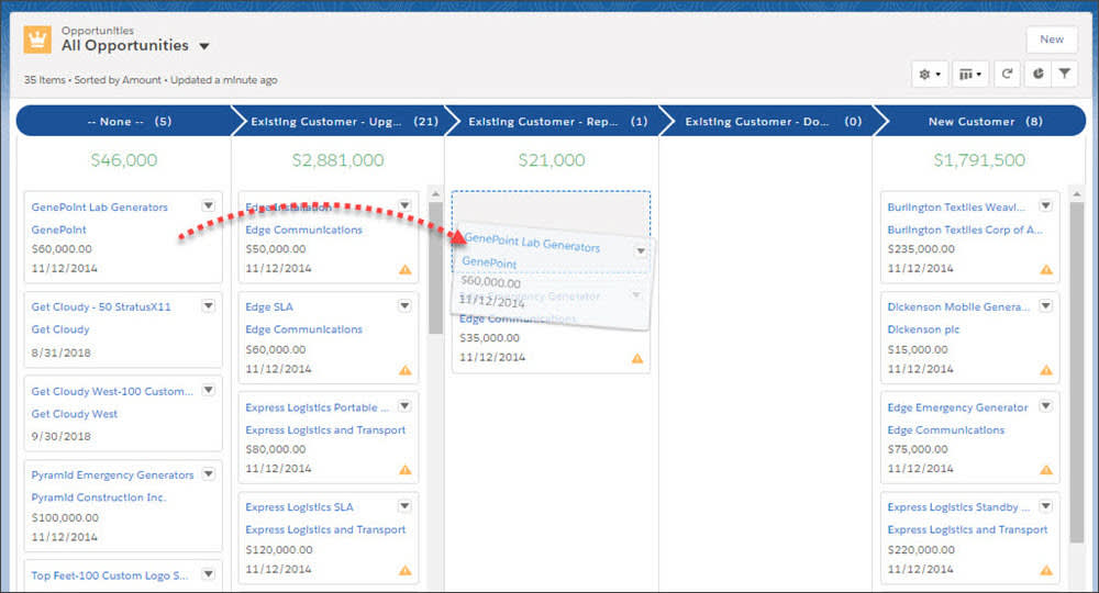 Drag an opportunity card from one column to another to update it.