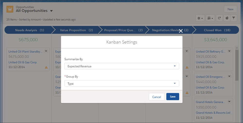 The Kanban Settings box showing the Summarize By and Group By fields.