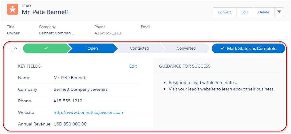 The Path on a lead record with Key Fields and Guidance for Success visible.