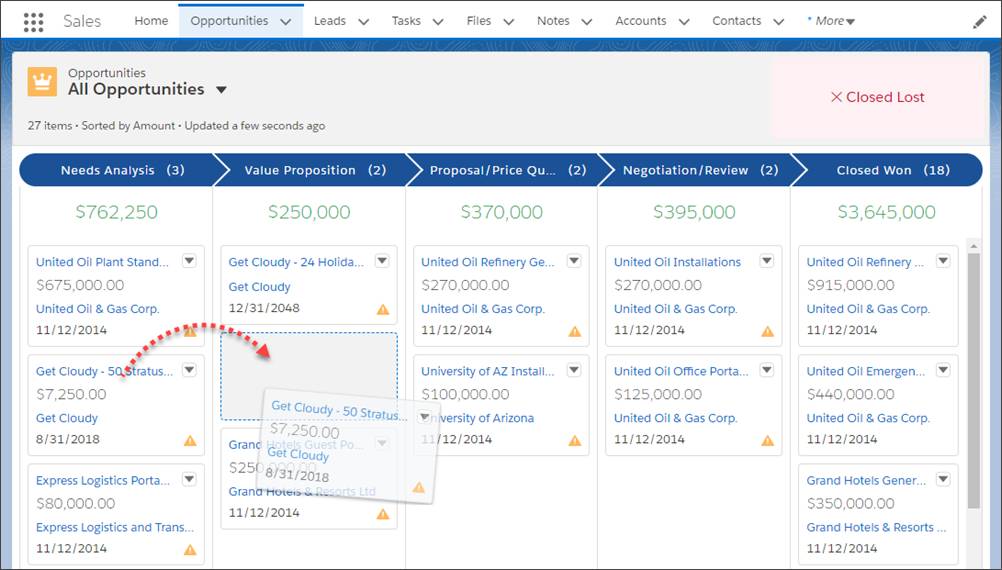 A card is dragged from one column to another in the Kanban view.