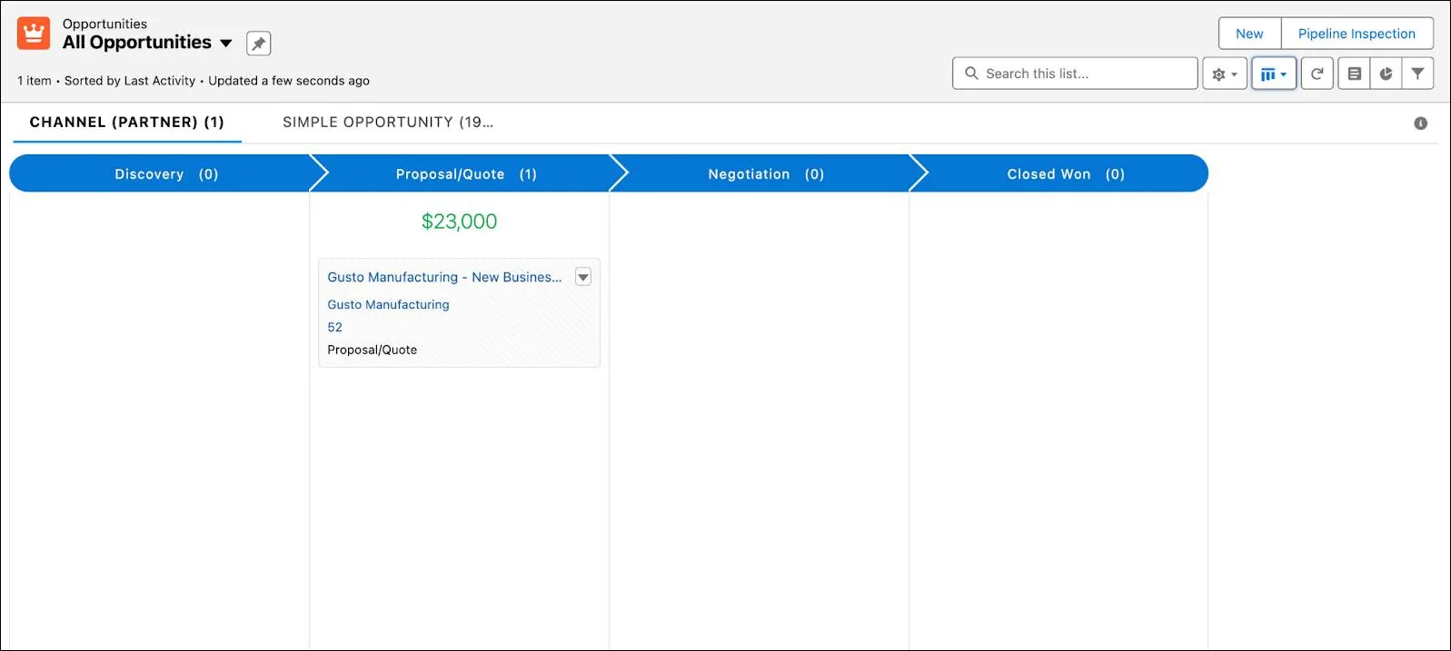 The Kanban view of all opportunities.