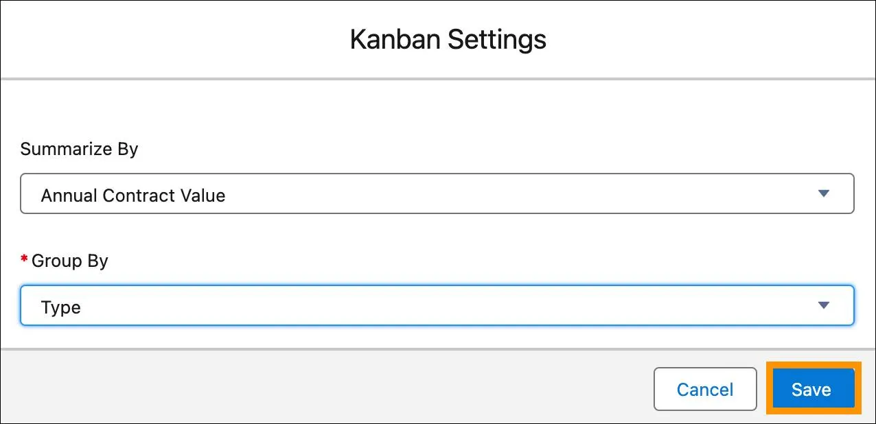 Campo Group By (Raggruppa per) per la scheda Kanban.