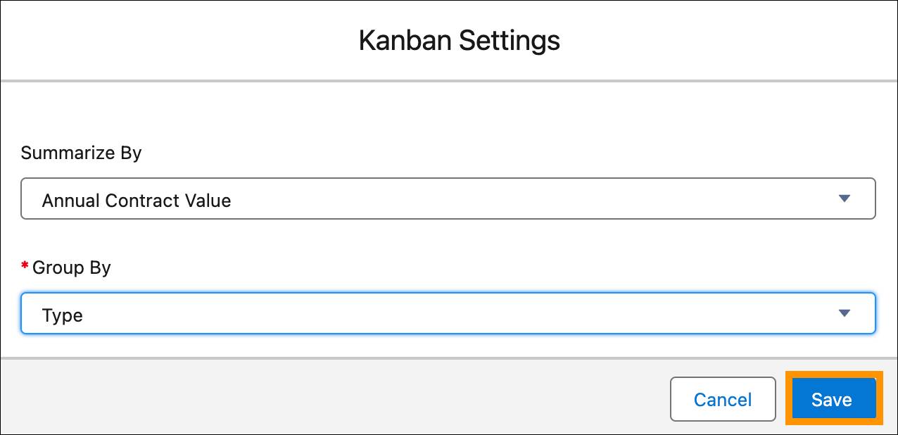 Campo Group By (Agrupar por) do painel Kanban.