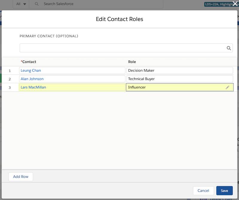 Add a contact’s name and role in the Edit Contact Roles window.