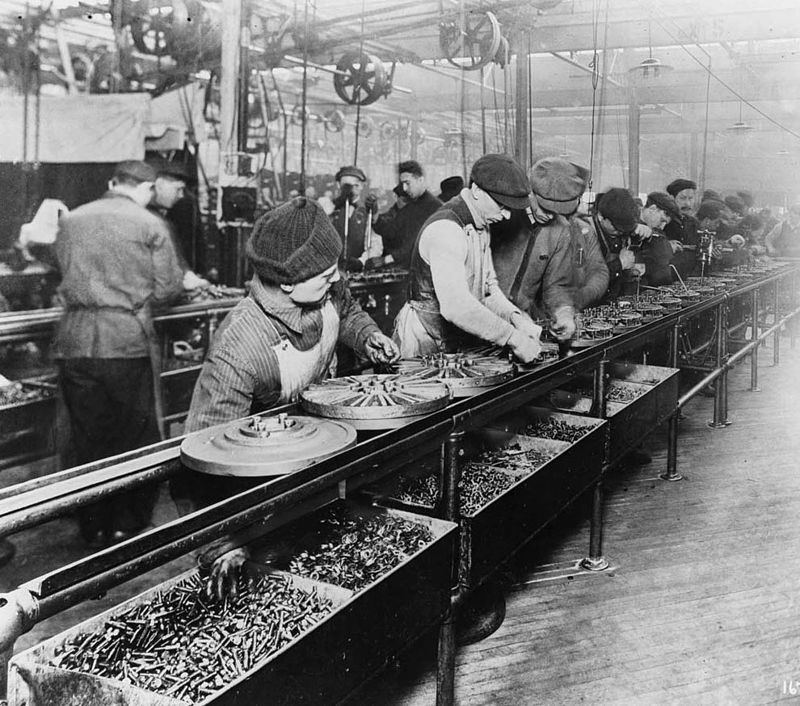 [The assembly line created factory jobs and powered mass production]